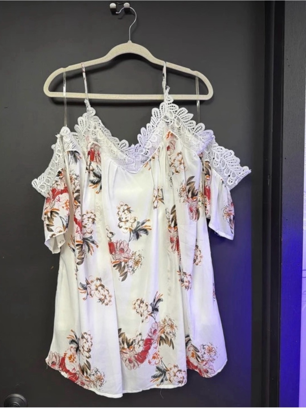 Floral Lace-Trim Cold Shoulder Top - White
